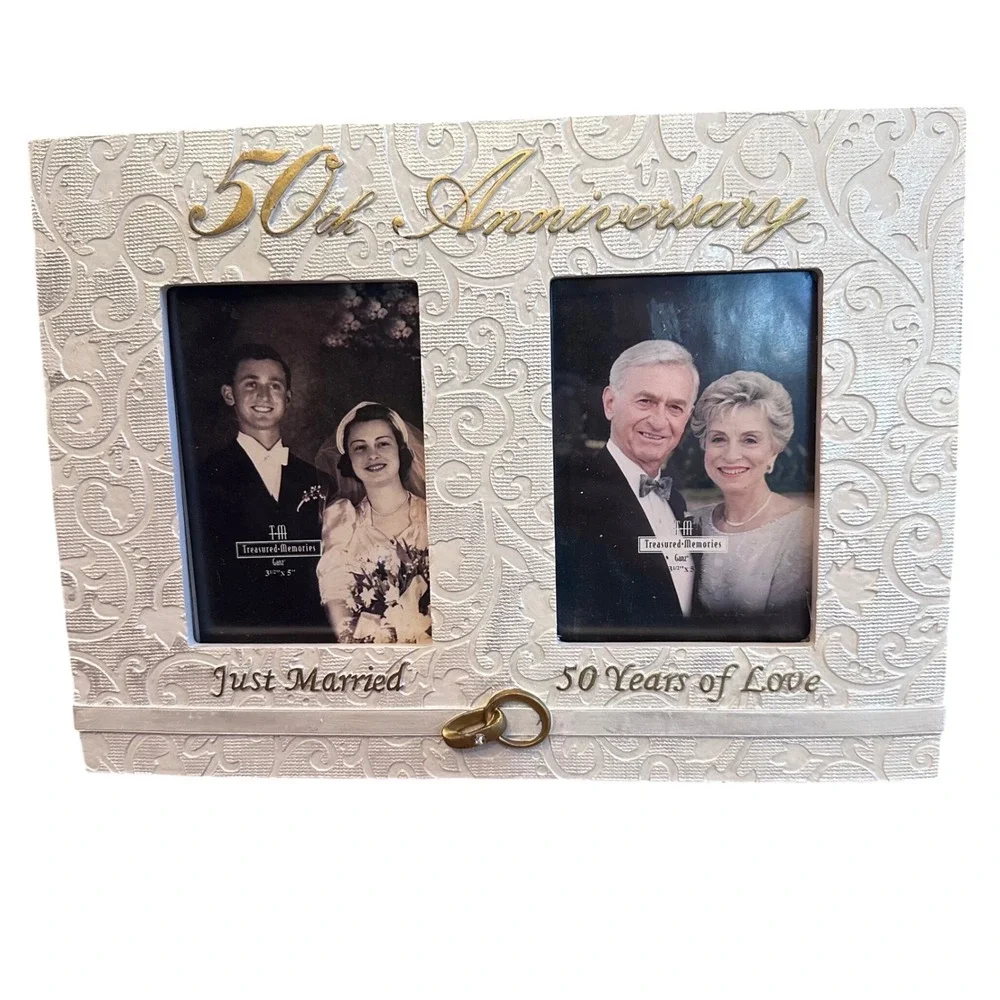 Ganz 50th Anniversary Picture Frame Cream Gold Double 3.5x5 Good Scroll Texture